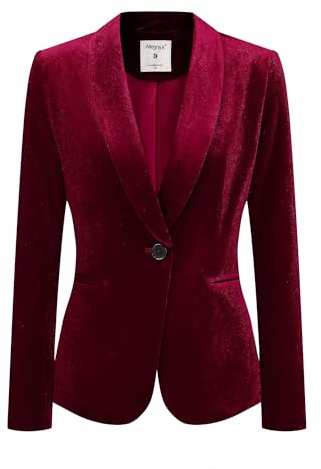 Allegra K Dam sammet blazer enfärgad halsduk krage knapp sammet kontorskappa, Vinröd, 3XL