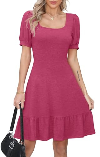 Missufe Robe d'été pour femme A ligne Robe de patineuse à volants Manches bouffantes Manches courtes Robes de loisirs Swing, Rose chaud, XL