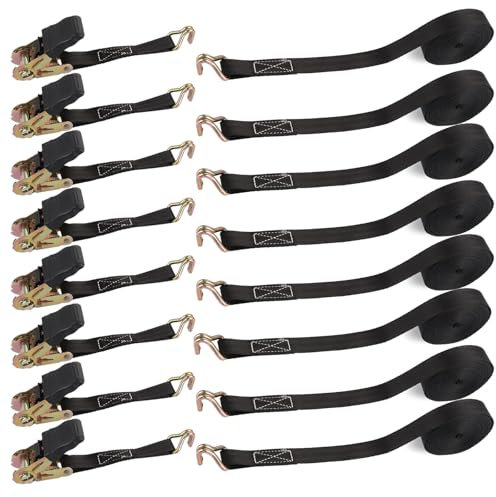 YAYODS 8Pcs Ratchet Straps (6m x 25mm), Heavy Duty Ratchet Straps with Double J Hooks, 800kg Break Strength, Black Tensioning Belts, Tie Down Straps for Roof Rack, Cargo, Motorcycle, Household