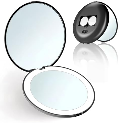 Miroir de poche portable - Miroir de maquillage double face avec éclairage LED - Miroir de poche portable - Mini miroir grossissant 1X / 2X - Petit miroir cosmétique pour sac à main (noir)