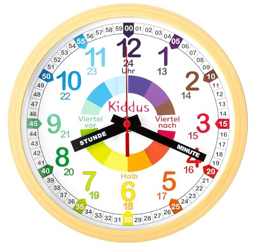 Kiddus Reloj de Pared Pedagógico Infantil para Niña, Niño. Analógico y Silencioso. Aprende la Hora con Nuestro Fácil Sistema Time Teacher. Ejercicios Incluídos. Color Madera. Deutsch