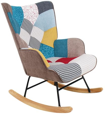 Brigros WeHome - Silla Mecedora Acolchada con reposabrazos, sillón Relax de Interior, Mecedora, sillón de Madera y Metal con Revestimiento Multicolor, 96 x 66 x 90 cm (Patchwork, Patchwork)