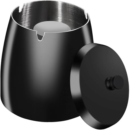 HONZUEN Aschenbecher für Draussen, Aschenbecher mit Deckel, Windaschenbecher Edelstahl Ashtray Outdoor Sturmaschenbecher fur Draußen Tischaschenbecher Winddichter für Garten Balkon, Schwarz XL