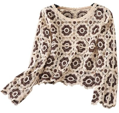 Cardigan Damen Sommer Ausgehöhlt Boho Top Langarm Strickjacke Blumenmuster Häkelpullover Knitwear Häkel Top Häkelpulli Strickweste Casual Party Streetwear (Braune Blume, ONE Size)