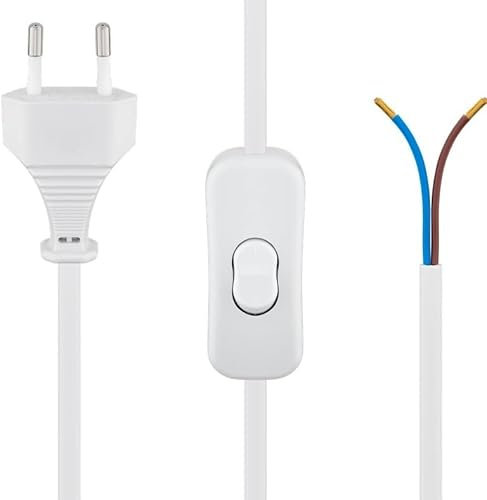 TECHZOCO Cable alimentación con Interruptor ON/Off Tipo C CEE7, Cable para lamparas, Cable alimentación mesilla, Enchufe Bipolar, Sección 0.75mm², HO3VVH2-F, Blanco, 1.50 Metros