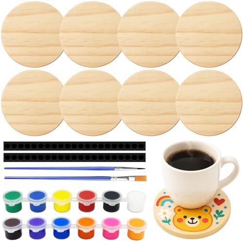 Sheryl&Rain 8 Pezzi Sottobicchieri Legno Naturale, Sottobicchieri Legno Grezzo con 40 Tappetini Antiscivolo e Pigmenti e Pennelli, Sottobicchiere Rotondi per Decorazioni, Pittura e Pirografia