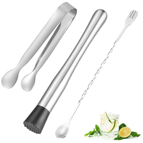 3PCS Cocktail Muddler, Ice Crusher and Cocktail Mixer Set, Stainless Steel Bar Equipment, Includes Muddler, Long Handle Spoon and Food Tongs, Perfect for Mojito Mix and Fruit Cocktail Preparation