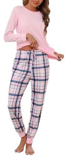 Bresdk Womens Pyjamas Winter Cotton Long Sleeve Checked PJs with Pockets | Two piece ladies nightwear, round neck top, elastic drawstring waist, relaxed seasonal comfort