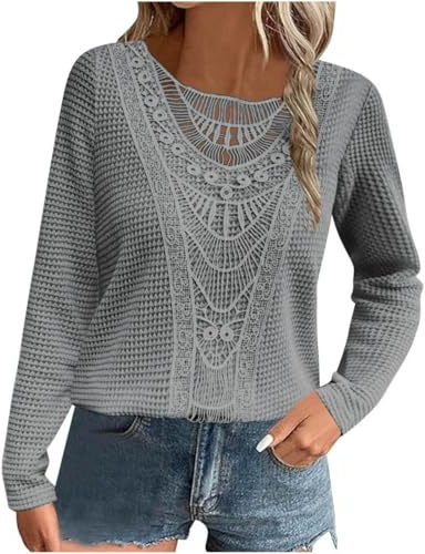 Generisch Maglia a maniche lunghe da donna in pizzo all'uncinetto, maglia a maniche lunghe, maglione casual a maniche lunghe, maglione formale casual, grigio, XXL