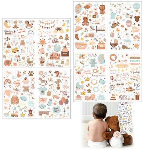 4 Hojas Pegatinas para álbum de Bebé, Sticker Babyalbum Animales Infantiles Pegatinas Set Detalles Cumpleaños Infantiles Marrones para de fotos Calendario álbum de Recortes
