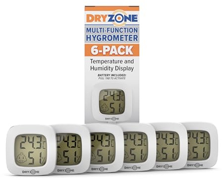 Dryzone Digital Hygrometer (White, 6-Pack) | Mini Magnetic Temperature & Humidity Monitor with Emoticon Display | Compact Indoor Sensor for Condensation & Mould Prevention | Battery Included