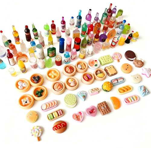 50 PCS Miniature Dolls House Accessories Set, Mini Food & Drink, Resin Pretend Play Kitchen Toys, Mini Stuff for 1:12 Scale Dollhouse, Party Favors for Kids (Random)