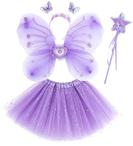 Generico 4Pcs Costume Fata Ragazza Vestito Principessa Farfalla con Ali Gonna Tutù Fascia,Fata Costume per Ragazze Costumi da Farfalla per Bambina,Capelli Costumi Angelo Vestito Principessa