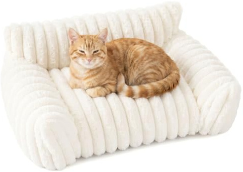 twirush Orthopedic Dog Sofa Bed for Small Dogs - Large Cat Beds for Indoor Cats, Washable Pet Couch with Head and Neck Support, Faux Fur Rope Design Cat Sofa, Anti-Slip Bottom, Cream, 65x44x30 cm
