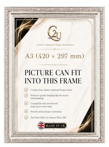 A3 (420x297mm) Silver Poster Frame, 42x29.7cm Shabby Chic Ornate, Vintageen Picture Frame, Large Silver Photo Frame for Posters, Prints, Artwork, Photos & Jigsaw Puzzles