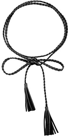 Damen Mädchen Slim Fit Gürtel Retro Style PU Leder Geflochtene Bauchkette mit Tassel 160cm Lang Waistband Chain schwarz