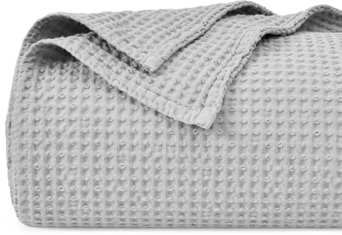 PHF 100% Cotton Waffle Weave Blanket Double Size 150 x 200cm, Pre-Washed Lightweight Breathable Throw Blanket, Oeko-TEX Certified for Bed Sofa, Home Decor, Light Grey