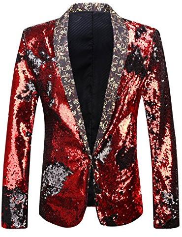 PYJTRL Men Stylish Two Color Conversion Shiny Sequins Blazer Suit Jacket
