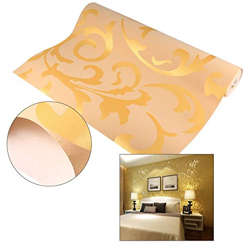 Papel pintado, papel pintado de pared, decoración estilo barroco en relieve, papel pintado para pared, decoración rollo de papel pintado decorativo dorado para sala de estar, dormitorio, 0,53 m x 10 m