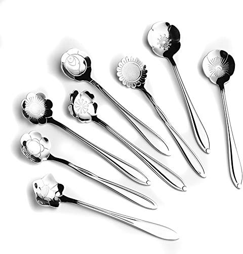 MINGZE 8 Stück Kaffeelöffel mit Blumenmuster, kreatives Blumen-Geschirr aus Edelstahl, Rührlöffel für Zucker, Eistee, Geschenk, Spoon Zubehör (Roségold), 1