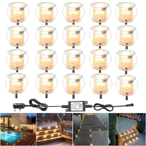GEYUEYA Home Warm White Decking Lights, φ30mm LED Deck Lights 12V 0.6W IP67 Waterproof, Led Plinth Light for Terrace/Patio/Path/Wall/Garden/Decoration - 20 Packs