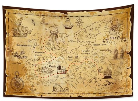 YONGFOTO 150 x 100 cm karta tapet, västerländsk skattkarta ö vägkarta piratmålade piratkort guld hemlig sjökarta navigering tapet för sovdekor överkast e-lektion