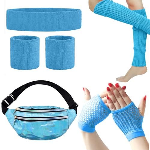 SPOKKI 80s Outfit Women's Set, 80s Aerobic Outfit, Laser Belt Bag, Blue Bracelet Headband Leggings Mesh Gloves, Neon Clothing Women's 80s Accessories (8 Pack, Blue)