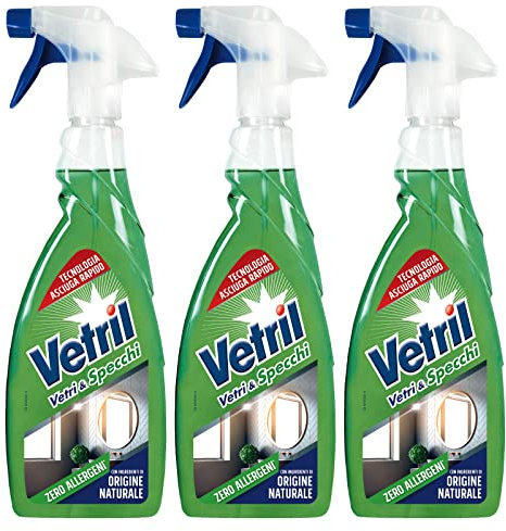 Vetril Vetri e Specchi Detergente Superfici Spray Senza Allergeni Asciugatura Rapida Brillantezza Senza Aloni - 3 Flaconi da 650 ml