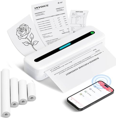 Thermodrucker A4 Unterwegs, Mobiler Drucker A4 mit Tragbarer Tasche, 300 dpi Reisedrucker, Portable Thermo DRUCKER Kompatibel mit Windows/macOS/iOS/Android (Weiß, 1 Drucker + 4 Rollen Thermopapier)