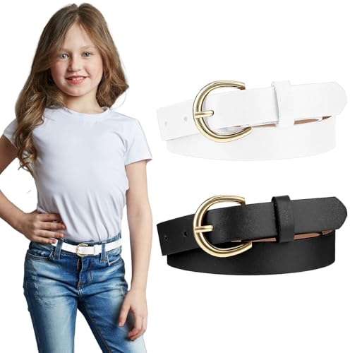 Lot de 2 ceintures pour filles de 82 cm en cuir élastique pour enfants, exquises et confortables avec double boucle en O (noir/blanc)