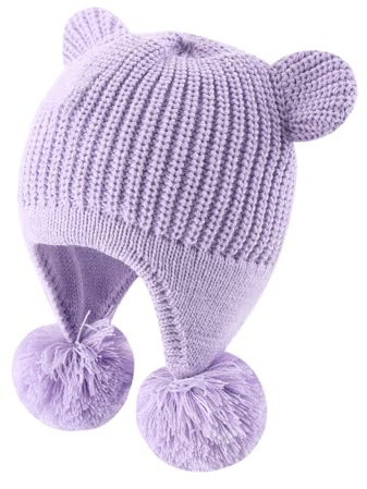 YAMEE Vintermössa varm baby med öronlappar vindtät mössa för barn, ljus med mjukt polar fleecefoder, stickad mössa för flickor pojkar med björnöron, beanie mössa unisex baby för utomhusaktiviteter,