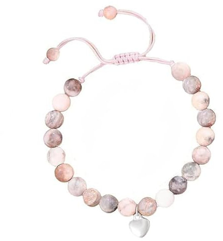 WANGENPING Rosa Naturstein-Armband für Mädchen, Freundschaftsarmband mit Verstellbarem Geflochtenem Seil, Naturstein Armband mit süßem Herzanhänger, Geschenk für Geburtstag, Abschluss, Weihnachten