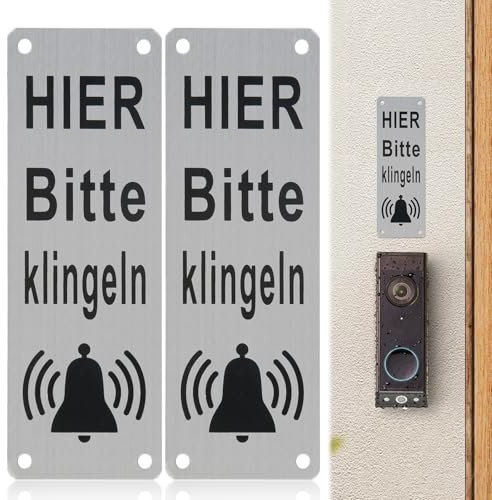 Plaque de sonnette Ici S'il vous plaît sonnez, 2 pièces de plaque de sonnette Auto-adhésif 15x5cm anneau de sonnette d'attente plaque de surface en aluminium de sonnette de porte