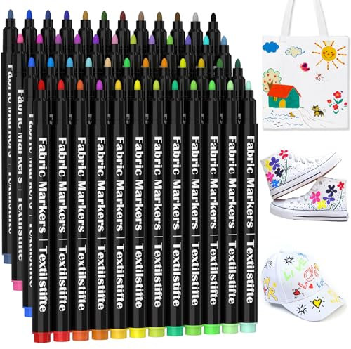 KERIFI 48 Textilstifte Textilfarbe Waschmaschinenfest- Textilmarker Stoffmalstifte Stoffmalfarben Waschfest für T-shirt Stoffbeutel Lätzchen Baumwolltasche Zum Bemalen Bastelset Kindergeburtstag