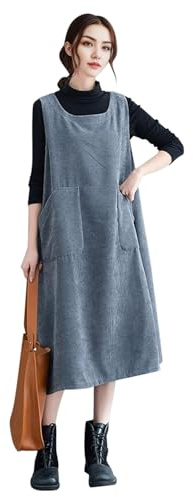 LAEMILIA Robe Velours Cotelé Femme Robe Salopette Ample Décontractée sans Manche avec Poches Vintage Fluide Grande Taille Automne Hiver Printemps Couleur Unie M-XXL
