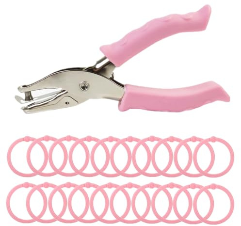 RuiChy Handheld Hole Punch with 20 Pcs Loose-Leaf Binder Rings, 6mm Metal Single Hole Pliers Puncher with Soft-Handled, Portable Paper Punchers for DIY Craft Tags Clothing Ticket Scrapbook (Pink)