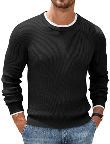 COOFANDY Jersey de cuello redondo para hombre, punto fino, jersey de negocios, suéter de invierno, Negro , XL