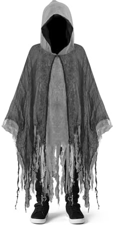 Superum Cape fantôme effrayante avec capuche, costume fantôme Halloween adulte 150 cm gris noir Cape fantômer Halloween Capen hommes femmes Faucheuse Tenue fantomatique Carnaval Fête