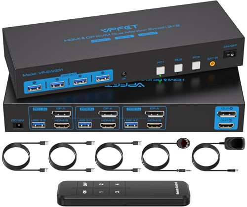 CMSTEDCD KVM Switch HDMI+Displayport 2 Monitors 3 Computers 4K@60Hz for 3 Computer Share Dual Monitor and 4 USB3.0 Devices and 3 USB3.0 Cables Included