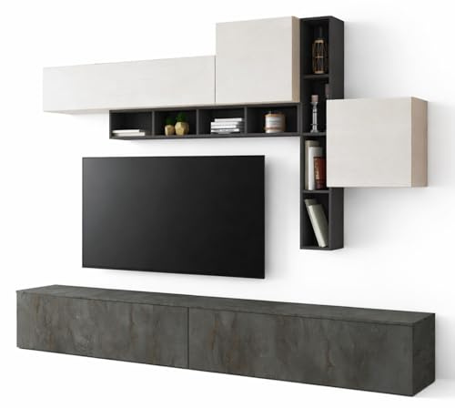 Arreditaly Parete Attrezzata Soggiorno Con Librerie Basi A Ribalta E Pensili Push-Pull Mobile TV Moderno Design Contemporaneo Reversibile 200 x 276 x 39.6 Cm Grafite Ossidata E Bianco
