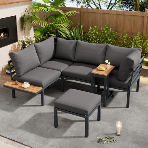 Sapgaks Ensemble de Salon de Jardin Exterieur,canapé + Table d'appoint +Repose-Pieds,Tube en Acier galvanisé,Plateau en Bois Plastique, adapté au Balcon et au Jardin(Gris-6)