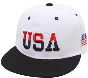 OhMill Unisex America Flag Embroidered Flat Brim Baseball Cap Hip Hop Hat for US National Celebrations Women Men (White)