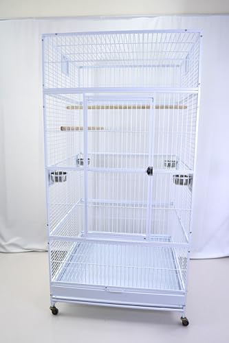 Pet's Solution - Gabbia Pappagallo Rettangolare, Voliera Robusta per Uccelli di Grandi Dimensioni, con Posatoi, Ciotole e Ruote - Bianca 101,5x101,5x204,5 cm