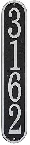 Whitehall Personalized Cast Metal Address Plaque, USA Made Custom Architectural House Number Sign, Vertical, 3.5 x 19 inches, Black with Silver Numbers