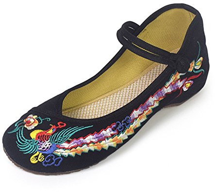 R&V Fashion Women Shoes Walking Dancing Embroidery Vintage Mary Jane Flats(5.5 UK(Insole: 9.65 inch),Black)