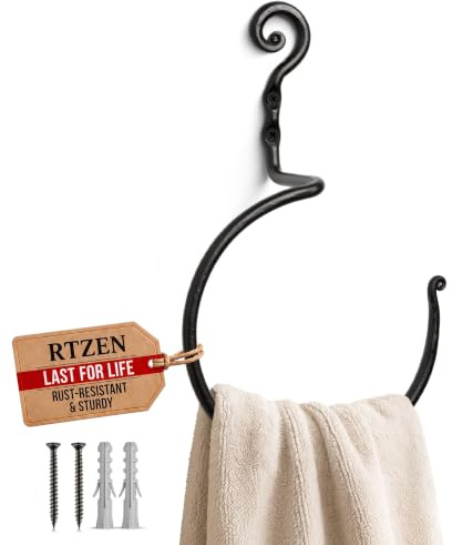 RTZEN Wrought Iron Hand Towel Holder - Matte Black Towel Ring for Bathroom or Kitchen - Farmhouse, Vintage, Rust Resistant, Easy to Install, Hand-Forged Decorative Rustic Bathroom Decor