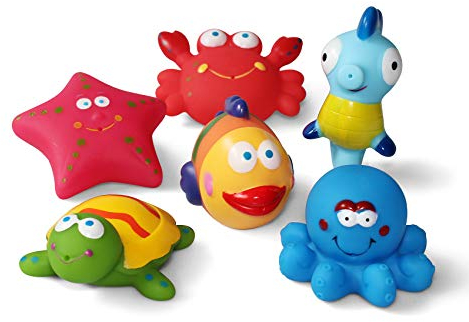 Giocattoli da bagno Galleggianti da bagno pesce (6PCS)con animale marino, morbido pesce stella marina polpo tartaruga giocattoli per 1-4 bambini