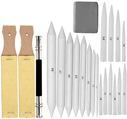 EuTengHao 22 Stück Blending Stumps & Tortillions Set mit 2 Schleifpapier Bleistiftspitzer, 1 Bleistiftverlängerungswerkzeug und 1 Radiergummi für Schüler Skizzen Zeichnen Zubehör