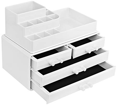 SONGMICS Organisateur de Maquillage, Rangement Cosmétiques, Empilable, en Acrylique, avec 11 Compartiments et 4 Tiroirs, pour Coiffeuse, Chambre, Salle de Bain, Blanc JKA001WT