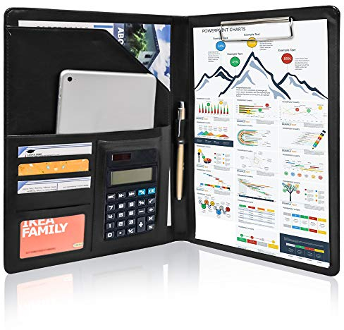 GraduatePro Schreibmappe A4 Leder Ordner Mappe Klemmbrettmappe Dokumentenmappe mit Deckel Organizer Clipboard Fächern Schwarz